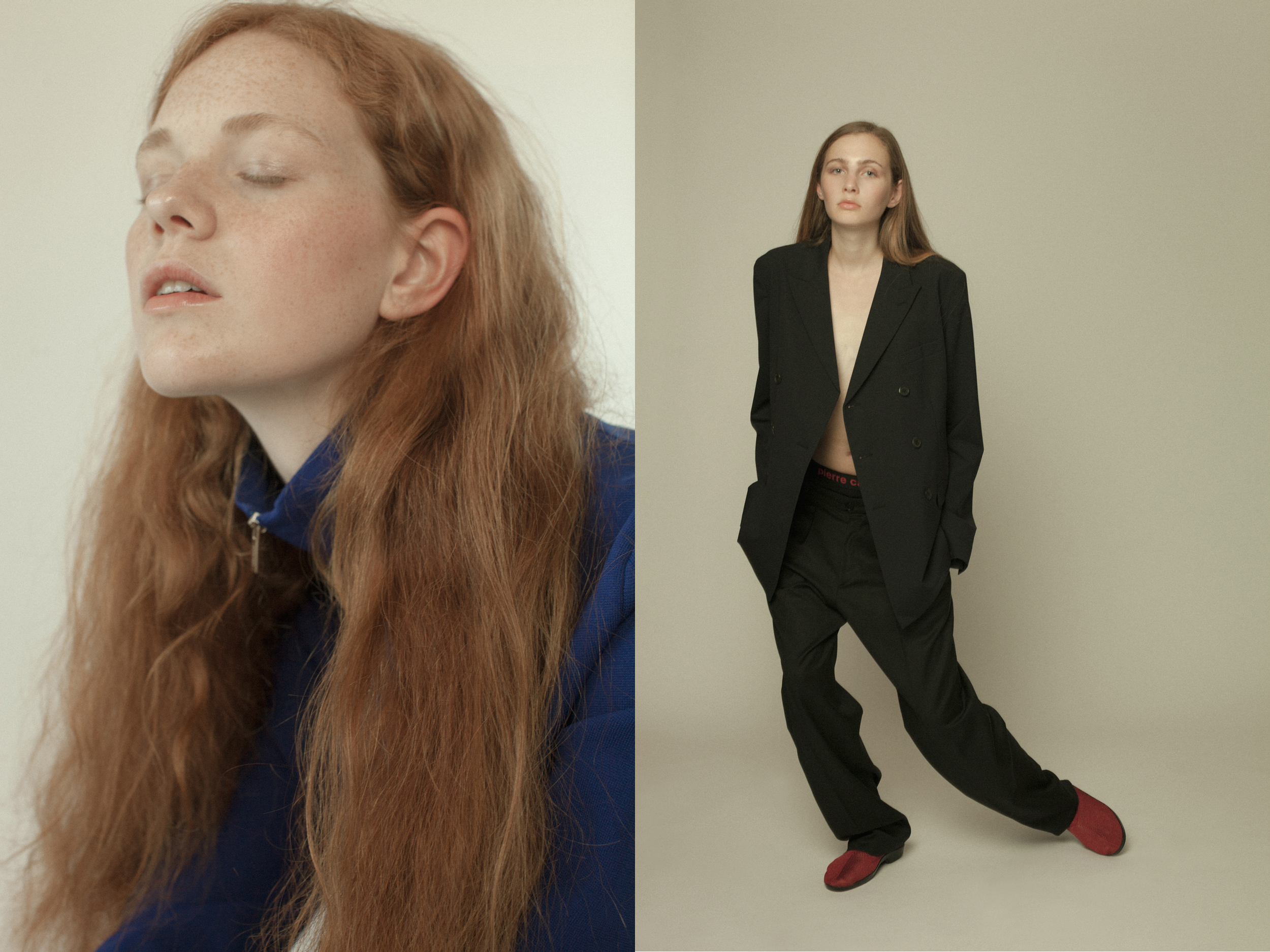 Christy wears jumper by DIOR HOMME . Elsa wears suit by PRADA brief by PIERRE CARDIN trousers by KOMAKINO shoes by THE ORIGINAL NU .