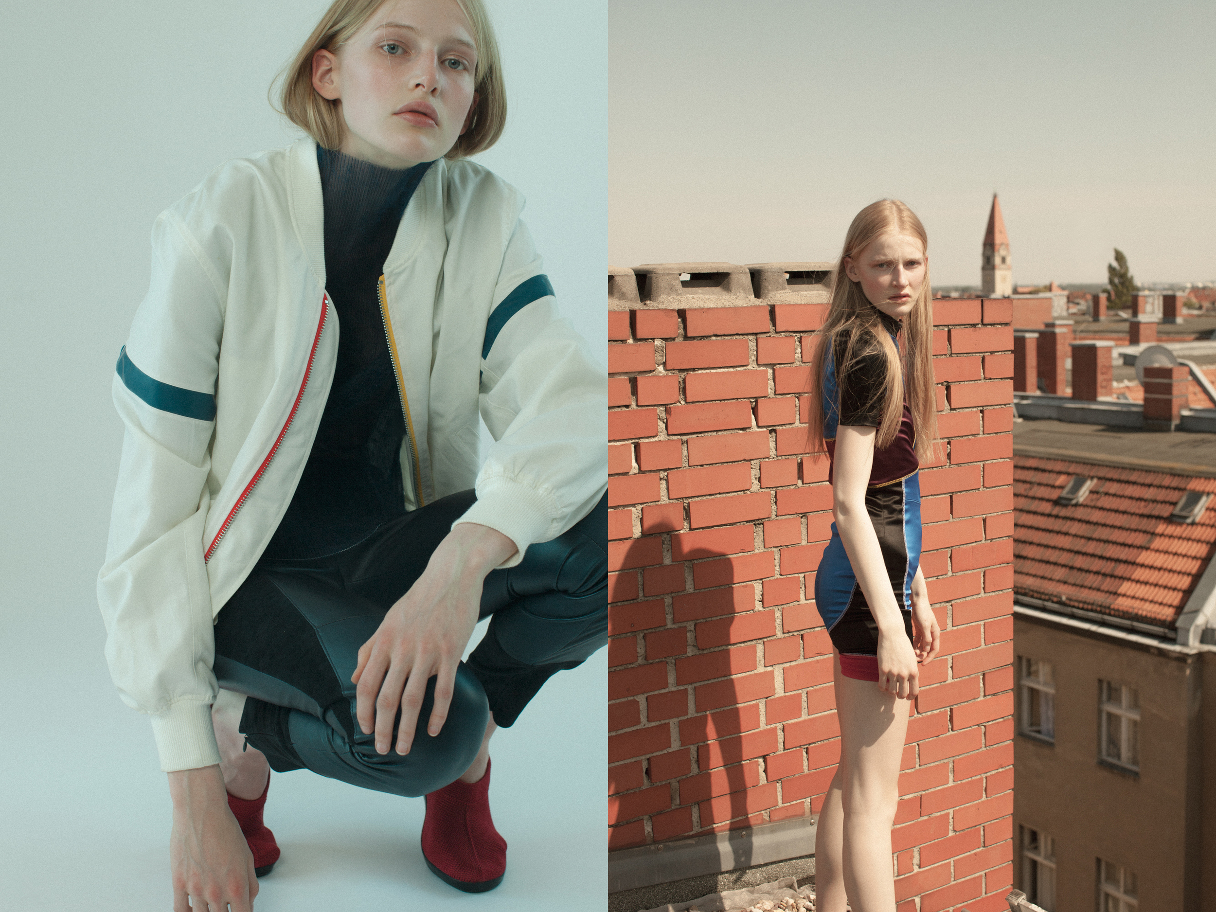 left: Leah wears top by NHU DUONG jacket by KOMAKINO leather pants by NOBI TALAI shoes by THE ORIGINAL NU . right: Leah wears body by NAM NGUYEN .