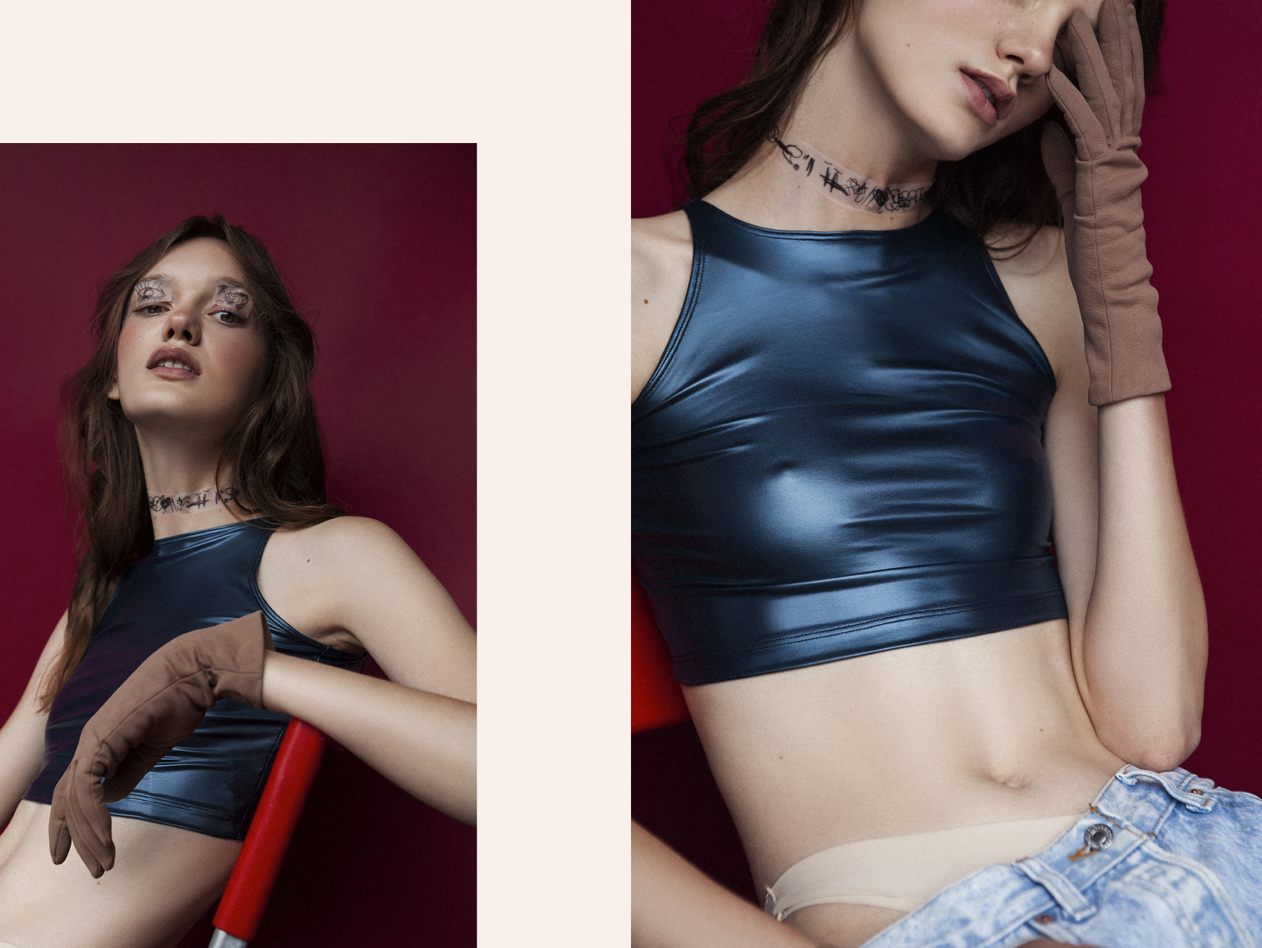 top by AMERICAN APPAREL gloves by ABSOLUTE VINTAGE jeans by VINTAGE LEVI’S thong MODEL’S OWN