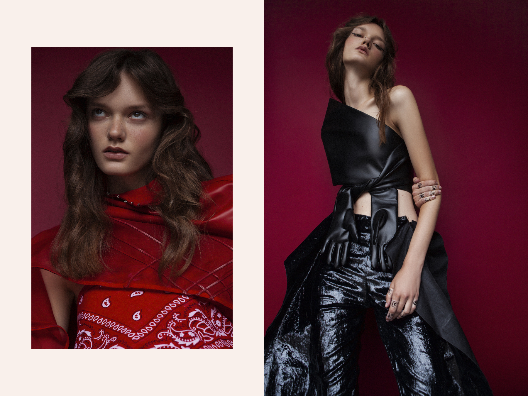 top by CATARINA NIEDERMEIER bandana STYLIST’S OWN . top and gloves by FENGYI TAN trousers by PAULA KNORR