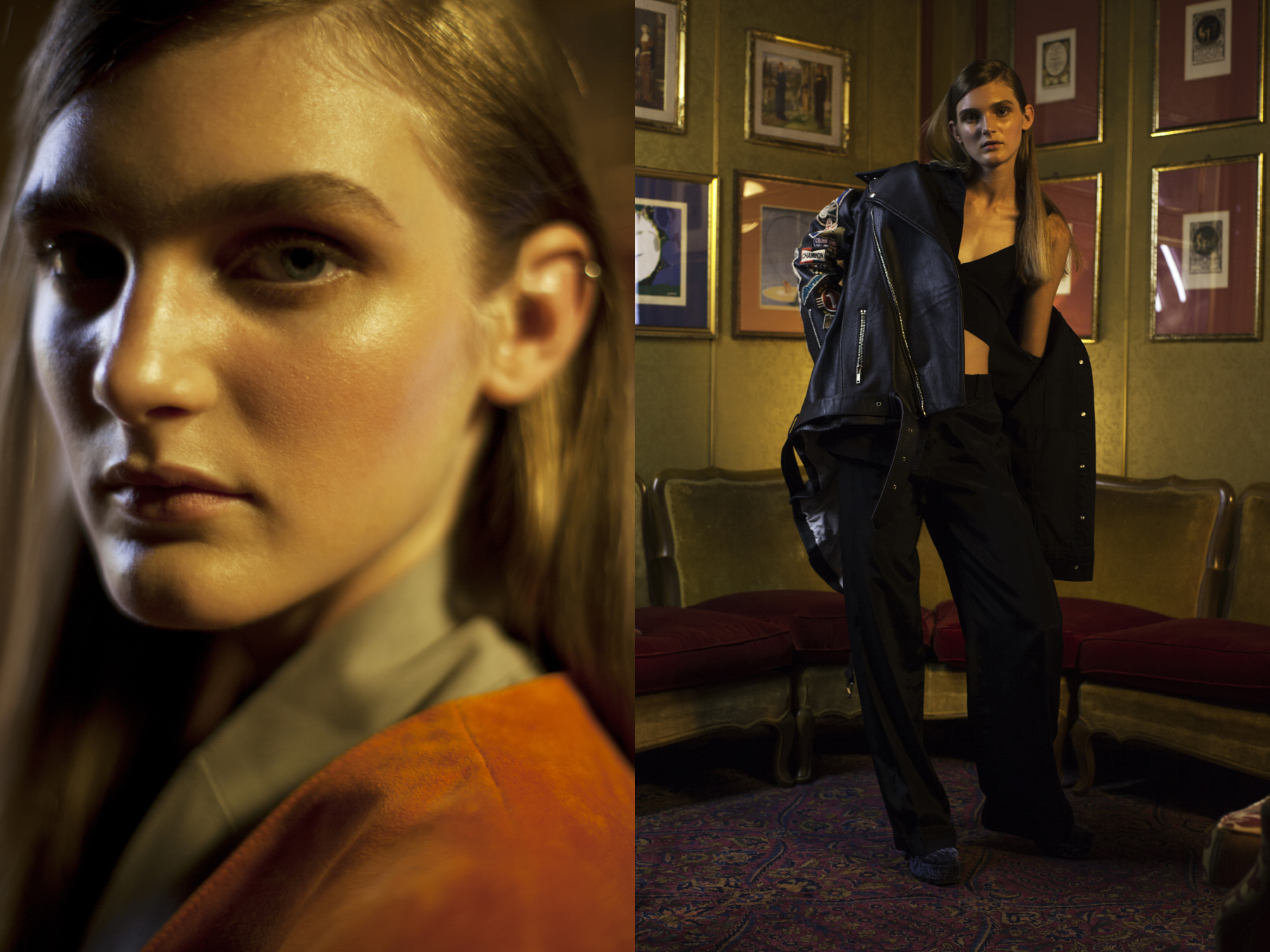 coat by TWINS FLORENCE . biker jacket by TWINS FLORENCE top and trousers by ILARIA NISTRI shoes by CHEAP MONDAY
