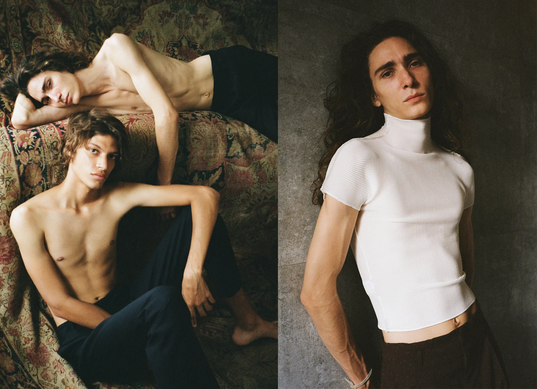 Mateo and Briar wear pants ASSEMBLY NY . Briar wears top ISSEY MIYAKE pants BURBERRY