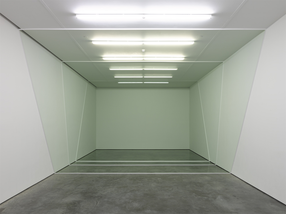 Three Sections, 2013, wood, floor wax and paint on wall installation view, White Cube, London