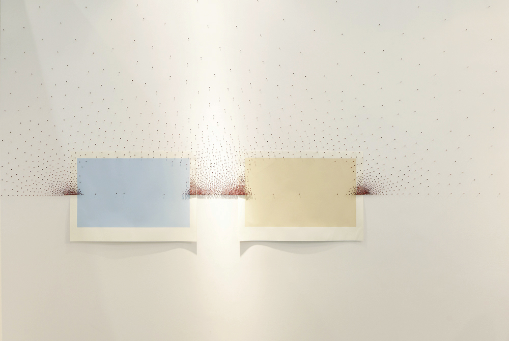 Abstract Cartography - between maps, 2012, installation with paint on paper and pins on wall, edition: 1/3 + PA, 70 x 100 cm each, dimensions variable