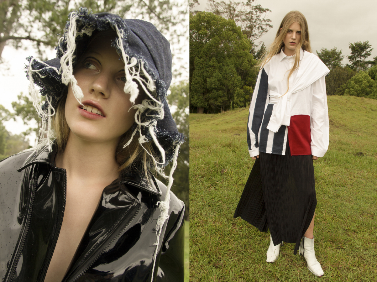 patent jacket JONATHON RAE frayed denim hat AIDAN RENATA . tie shirt AIDAN RENATA pleated dress and boots CIELLE MARCHAL