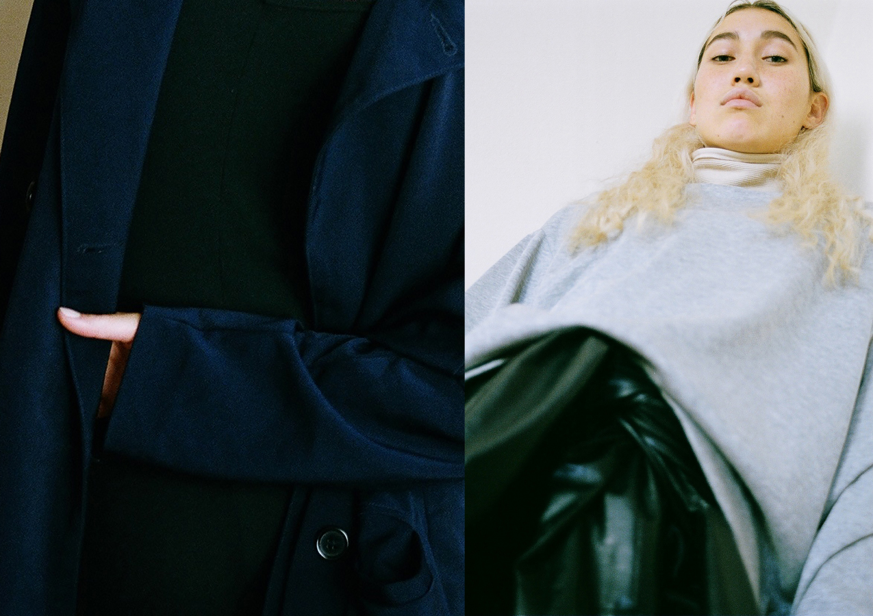 navy trench coat ANTE LONDON jumpsuit BEYOND RETRO . sweatshirt VETEMENTS nude turtleneck MARTIN NIKLAS WIESER leather jacket TOPSHOP