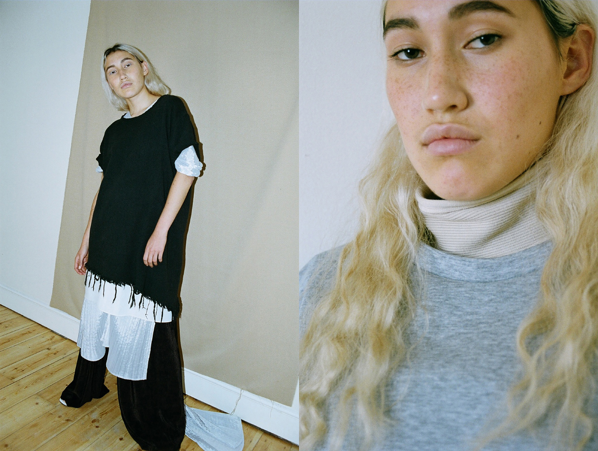 shredded top FRAV silk white top STYLIST'S OWN grey dress ISSEY MIYAKE black trousers AMERICAN APPAREL shoes STYLIST'S OWN . sweatshirt VETEMENTS nude turtleneck MARTIN NIKLAS WIESER
