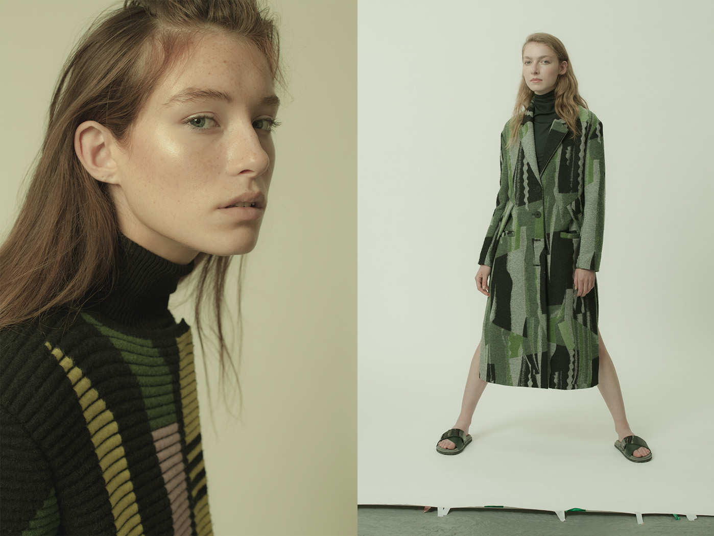 Lily wears coat PETER PILOTTO turtleneck dress KENZO . Esme wears coat KENZO turtlneck ANN-SOFIE BACK leather sandals MEHLE