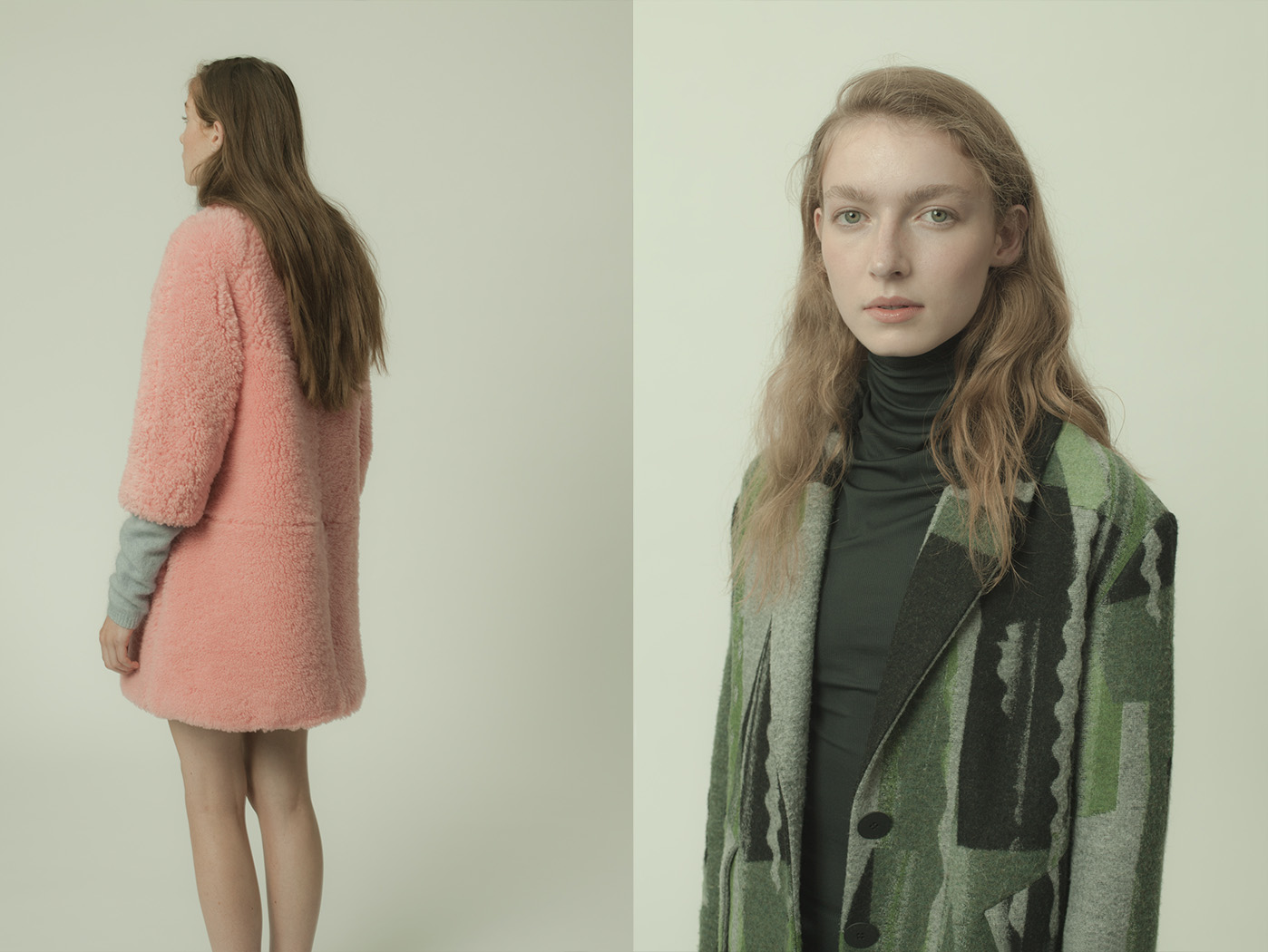 Lily wears coat ASHLEY WILLIAMS turtleneck jumper SECOND FEMALE . Esme wears coat KENZO turtlneck ANN-SOFIE BACK
