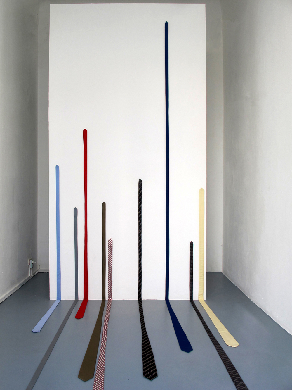 Panic and Euphoria, 2012, 9-part fabric sculpture, various textiles, 320 x 160 x 260 cm, framed poster 84 x 59 cm