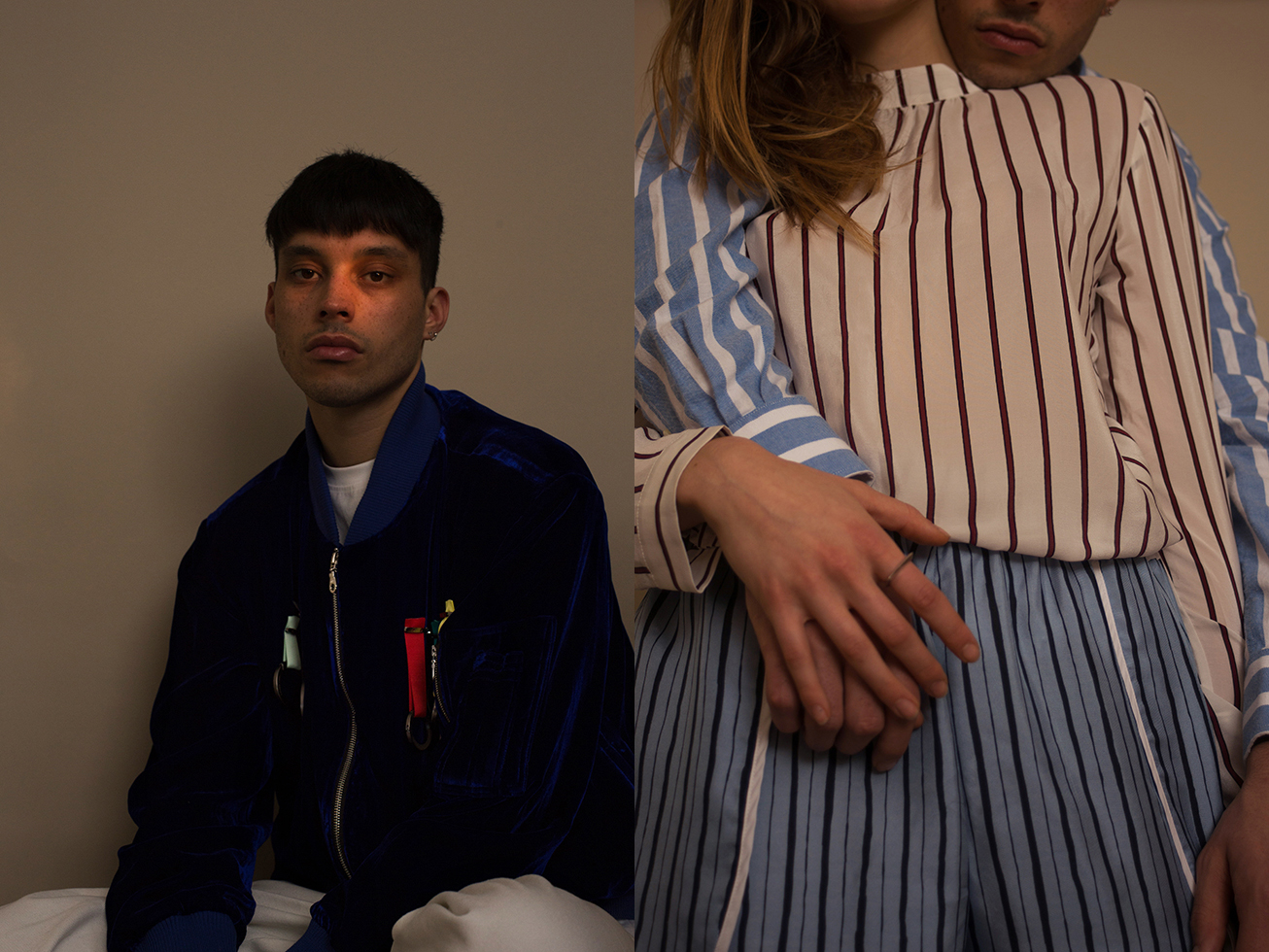 Oisín wears bomber jacket XANDER ZHOU t-shirt LIFE'S A BEACH pants JOYRICH . Shanti wears blouse SECOND FEMALE pants DANIEL W. FLETCHER and Oisín wears shirt EL GANSO pants DANIEL W. FLETCHER