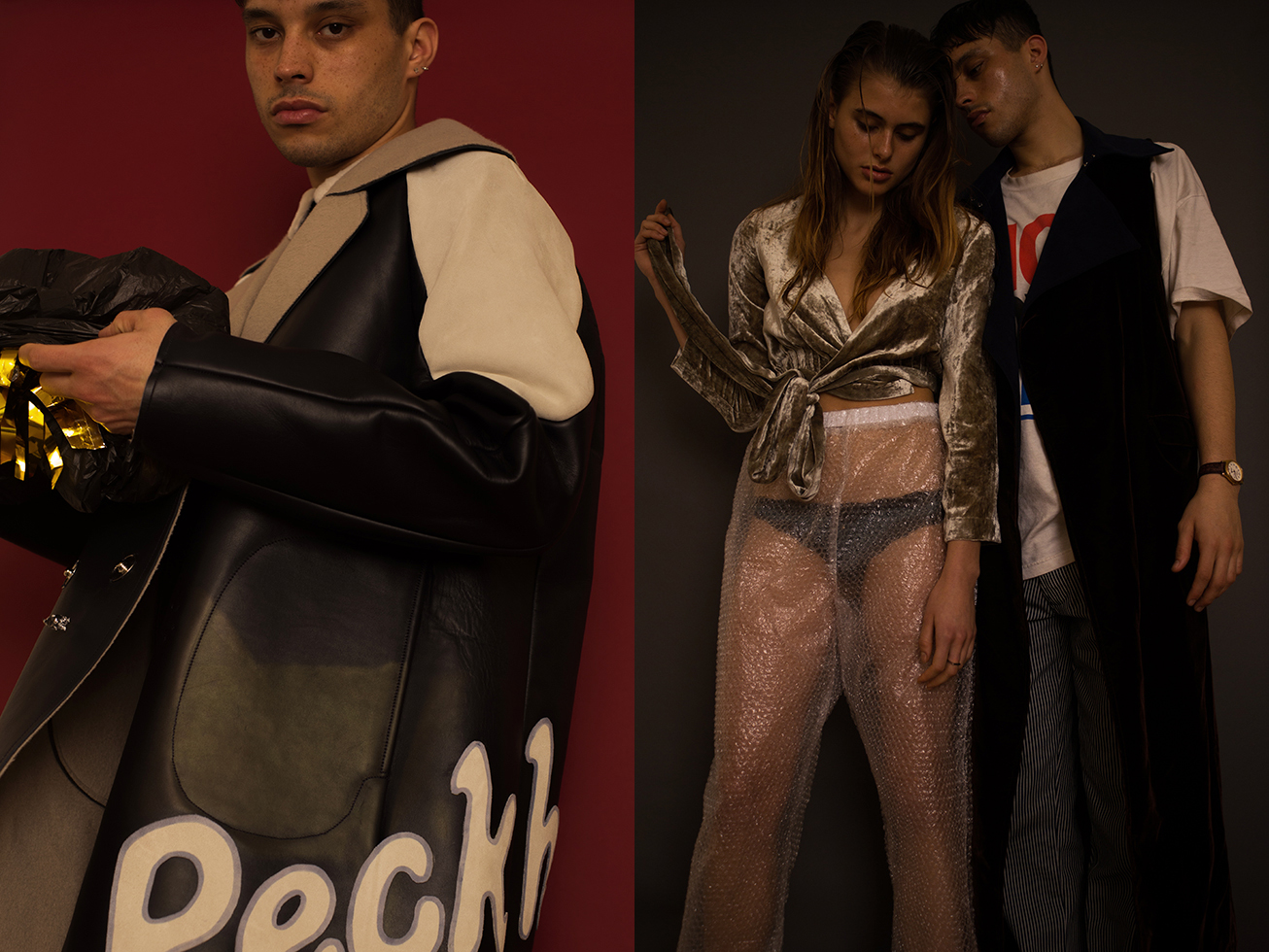 Oisín wears leather coat and pants DANIEL W. FLETCHER . Shanti wears top SOPHIE CULL CANDY bubble wrap pants A-L-C-H underwear STYLIST'S OWN and Oisìn wears t-shirt STYLIST'S OWN sleeveless coat CHIN MENS pants GRIND LONDON