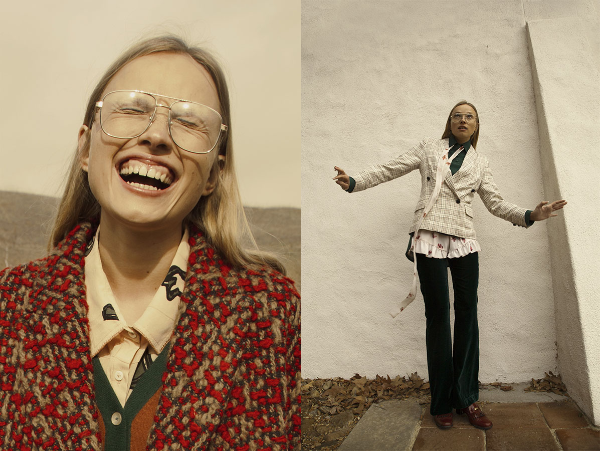 glasses VINTAGE blouse, cardigan and coat ENSOIE . shirt ENSOIE scarf, blazer and shorts CAPULET pants STYLIST'S OWN shoes VINTAGE ETIENNE AIGNER