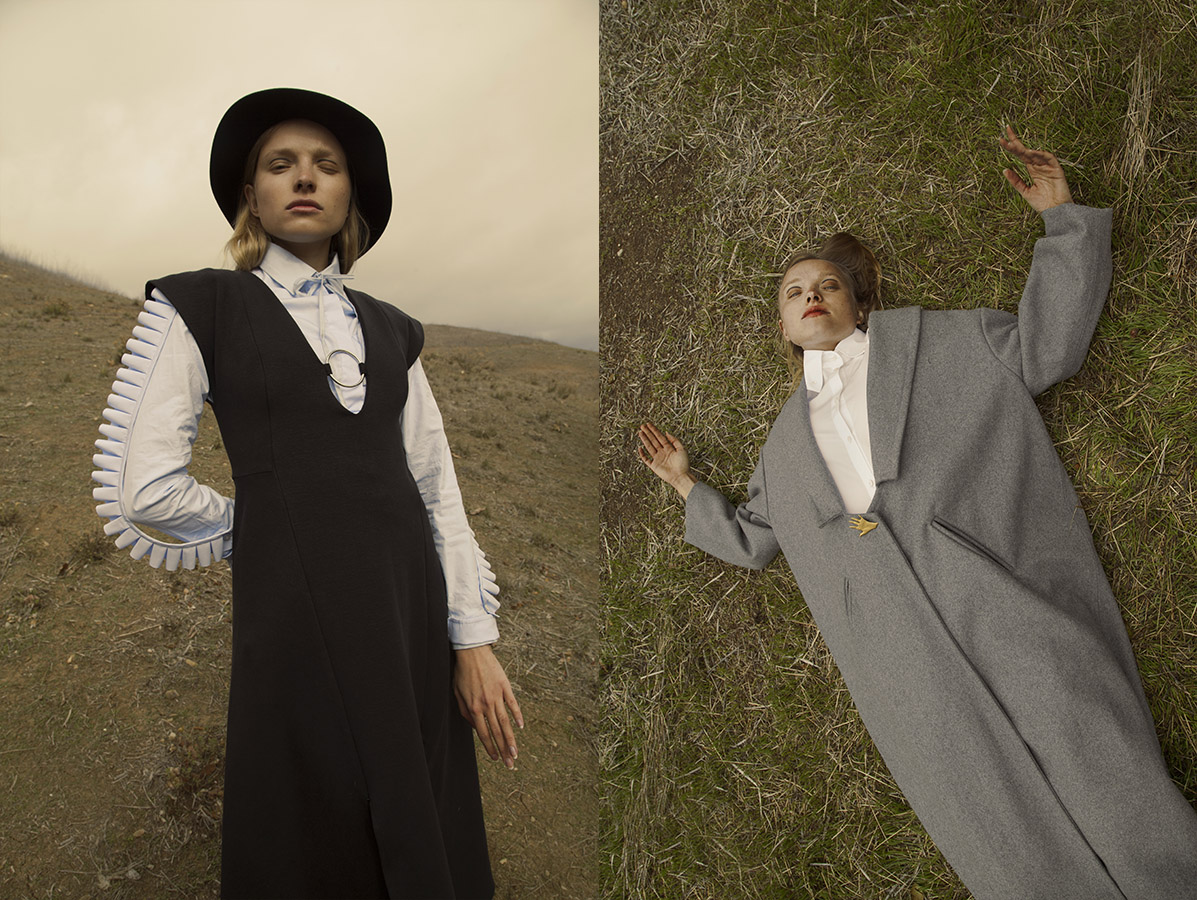 hat STYLIST'S OWN shirt (with collar) MESHIT shirt (on top, with ruffles) COPERNI dress BEAUFILLE . shirt ENSOIE coat OBJECTS WITHOUT MEANING clip TOIT VOLANT