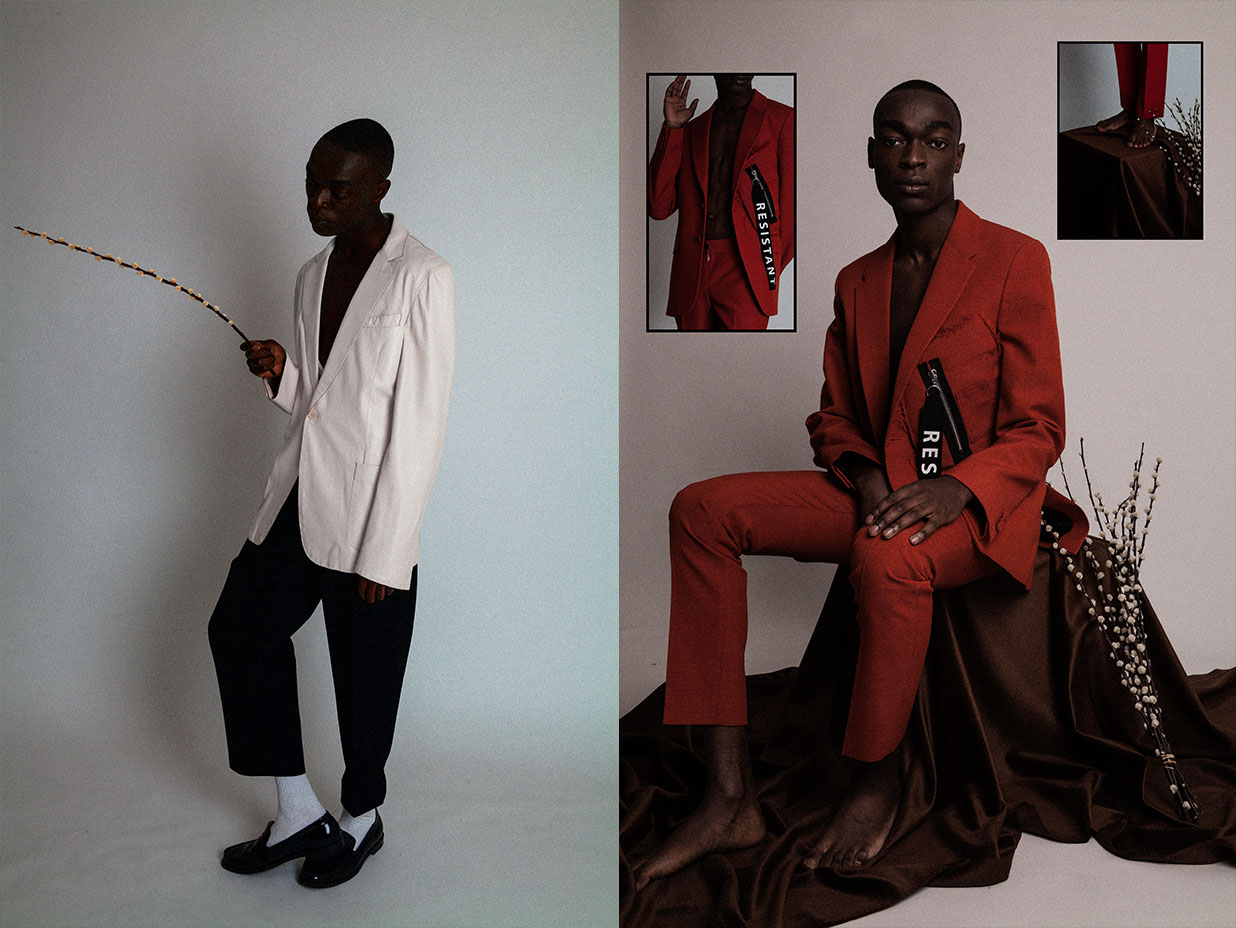 leather blazer COSTUME NATIONAL pants LILIANE ROMI from ANNIE CURTIS' socks STYLIST'S OWN shoes XANDER ZHOU . suit MATTHEW MILLER