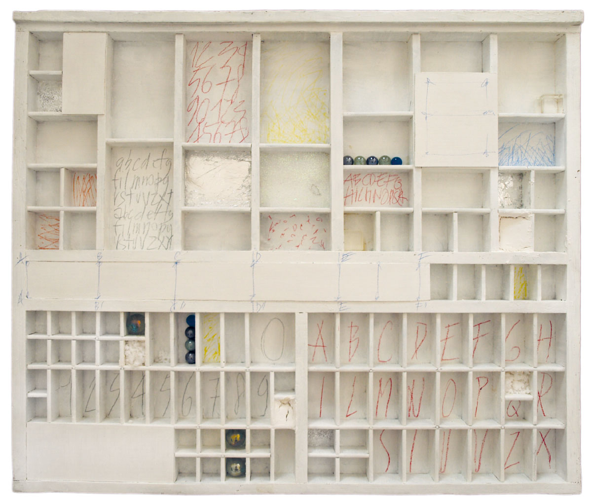 Typevisual 3, 2013, acrylic, silver leaf, chalk, pencil, salt, glitter, glass spheres, plexiglass cube, cotton, geode on wood, 70x60 cm
