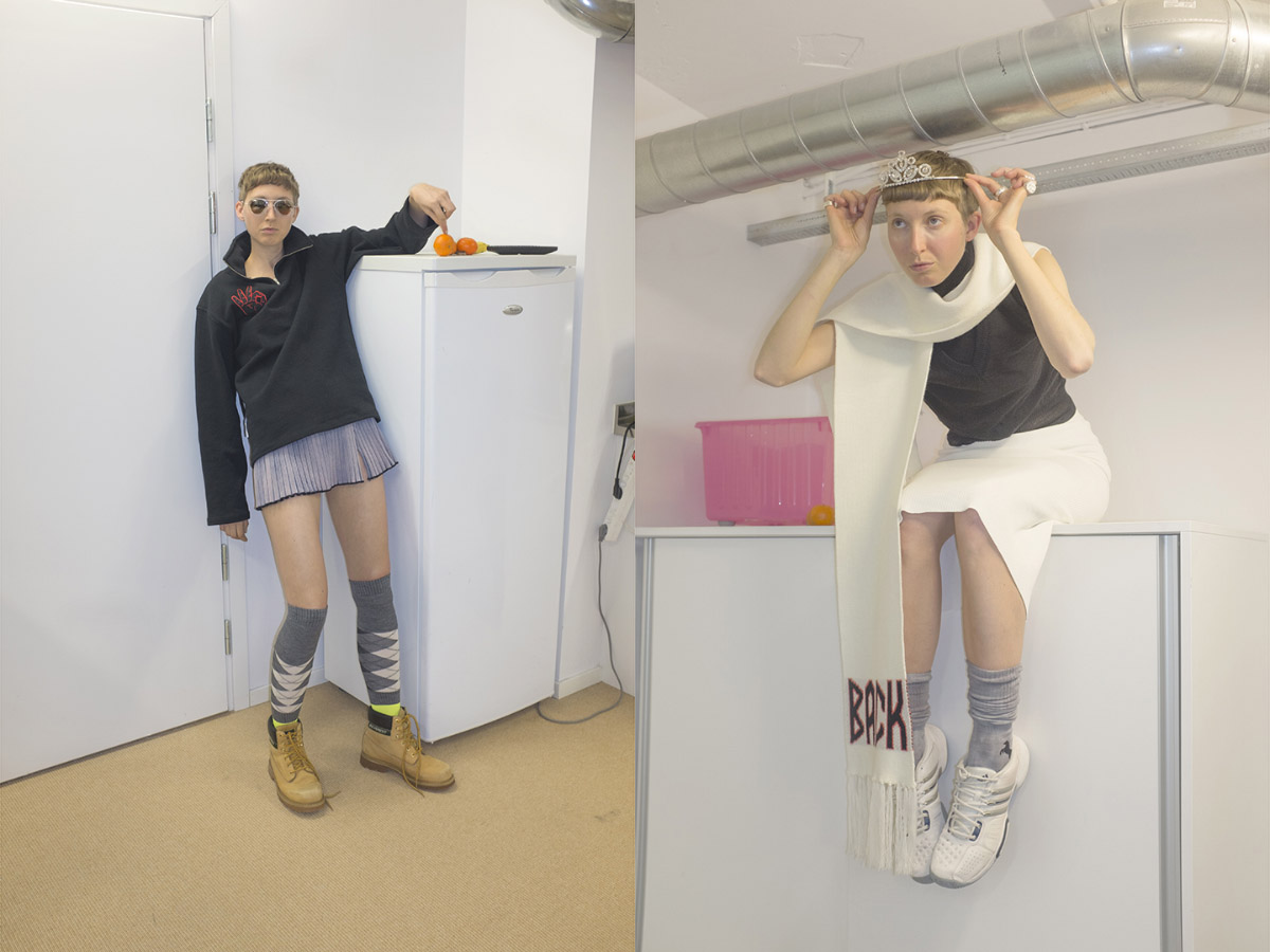 all HAAL shoes CATERPILLAR . crown STYLIST'S OWN rings GORAN KLING scarf and skirt BACK sweater and socks HAAL sneakers ADIDAS