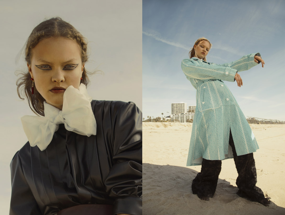 earring VINTAGE bow STYLIST'S OWN shirt LANDEROS . pearls KIMBA at GOGOSHA coat and shirt NIKA TANG pants LANDEROS