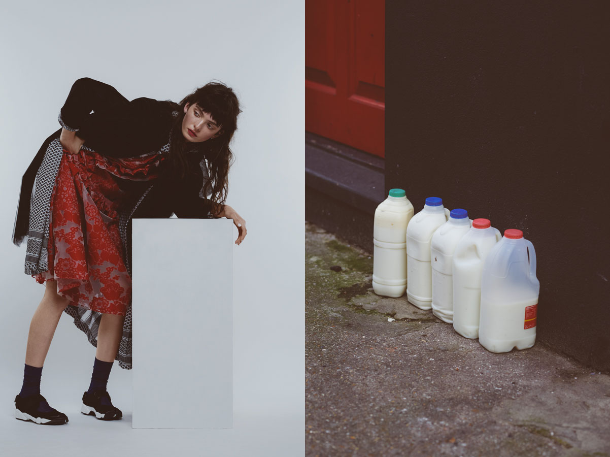 red dress MALENE ODDERSHEDE BACH white dress CECILIE coat PHOEBE ENGLISH socks STYLIST'S OWN shoes NIKE
