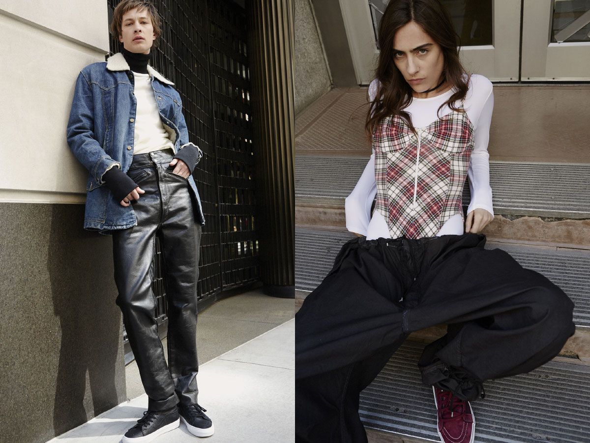 Dima wears jacket SCREAMING MIMI'S VINTAGE pants CARLA AND CARLA top WOOD HOUSE shoes VANS . Charlotte wears bodysuit STYLIST’S OWN plaid bodysuit CARLA AND CARLA pants SCREAMING MIMI'S VINTAGE shoes VANS