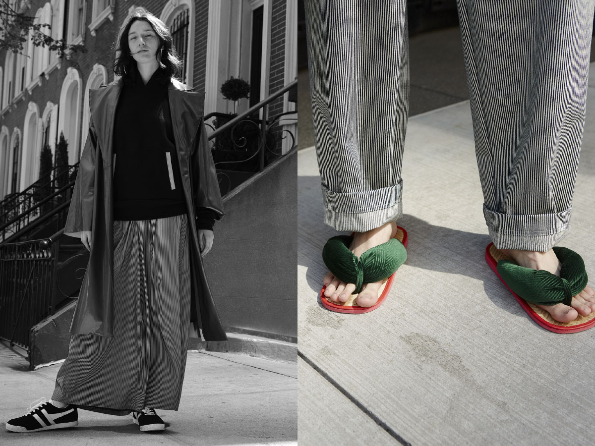 Alyssa wears hoops STYLIST’S OWN coat BREELAYNE sweatshirt MARTIN KEEHN pants BABYGHOST shoes GOLA . Briar wears pants MARTIN KEEHN sandals STYLIST’S OWN