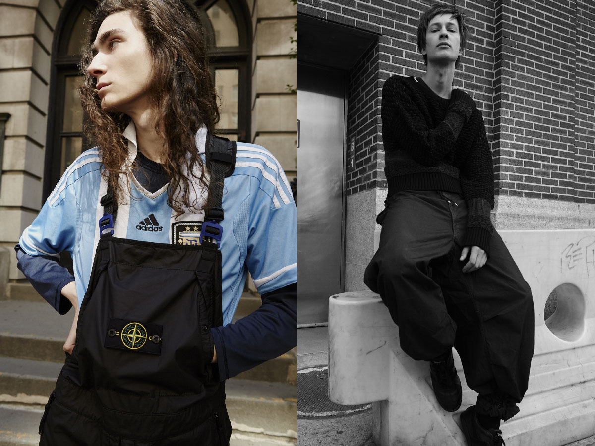 Briar wears jersey STYLIST’S OWN jumpsuit STONE ISLAND . Dima wears sweater BABYGHOST pants SCREAMING MIMIS shoes VANS