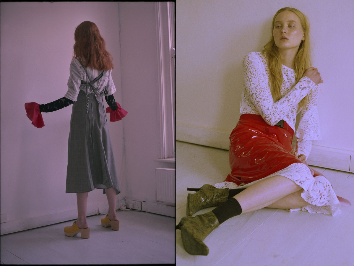 Jessica wears dress JH ZANE shirt FILIPPA K knitted dress under HOUSE OF DAGMAR cuffs STYLIST'S OWN shoes SWEDISH HASBEENS . Eva wears dress ANN-SOFIE BACK socks MODEL'S OWN skirt, belt and shoes STYLIST'S OWN