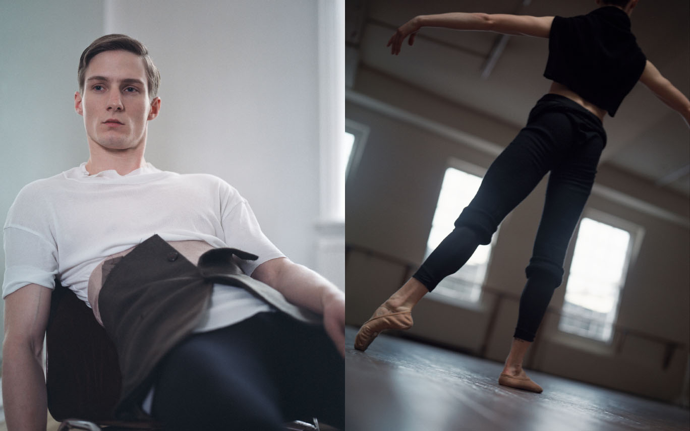 Michael wears t-shirt PIETER bandage belt and tailored belt STYLIST'S STUDIO tights STYLIST’S OWN . Juan wears jumper JAC + JACK leg warmers SANSHA tights and shoes DANCER’S OWN