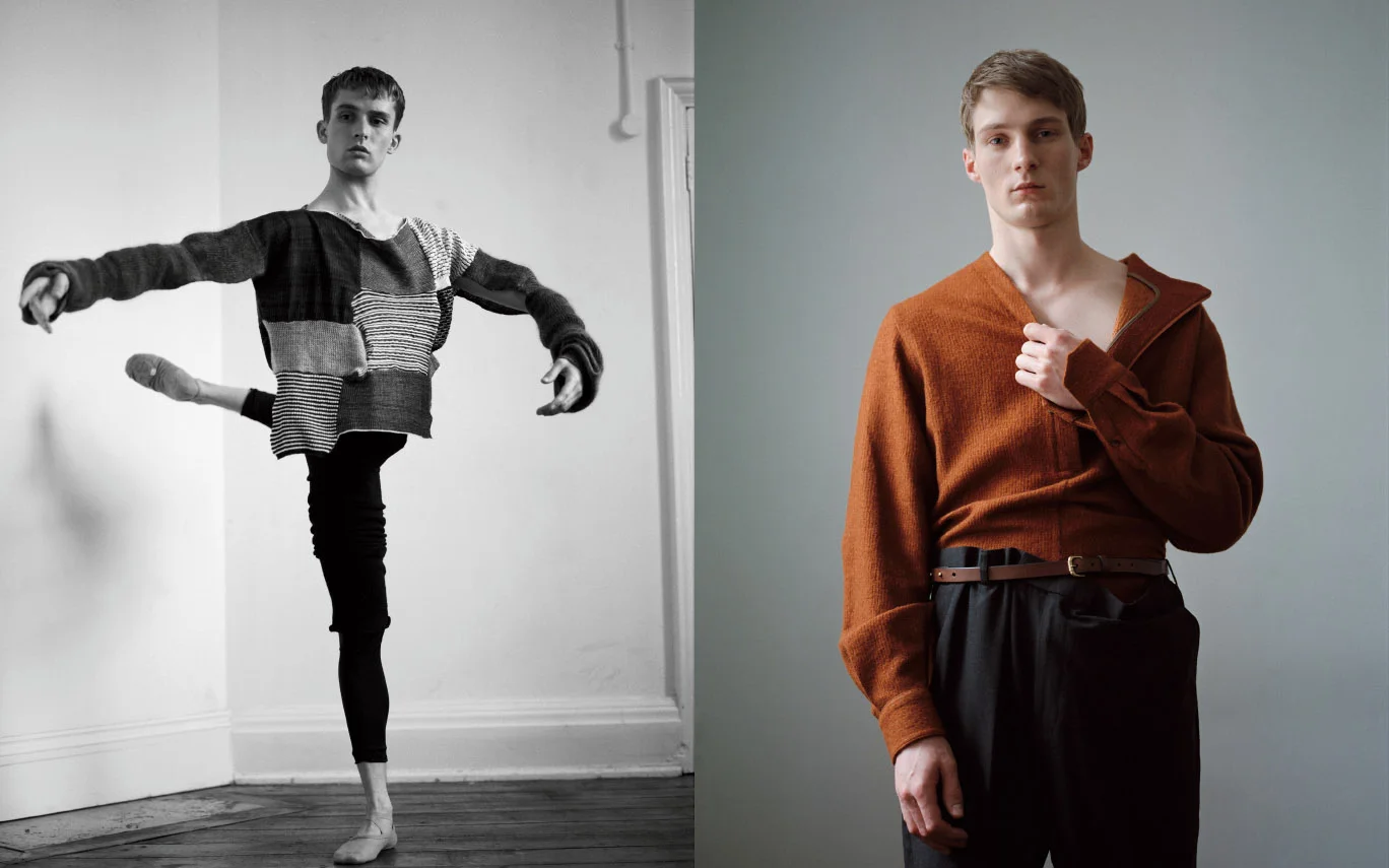 Juan wears jumper VIVIENNE WESTWOOD leg warmers SANSHA tights and shoes DANCER’S OWN . Michael wears jumper WOOYOUNGMI pants STYLIST'S STUDIO belt FLEET ILYA