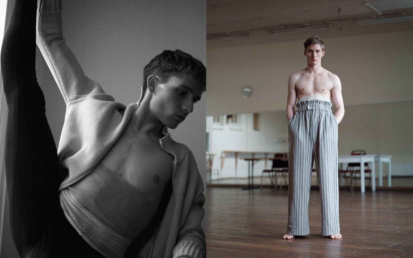 Juan wears jumper XANDER ZHOU bandage belt STYLIST'S STUDIO tights DANCER’S OWN . Michael wears bandage belt STYLIST'S STUDIO pants CRAIG GREEN