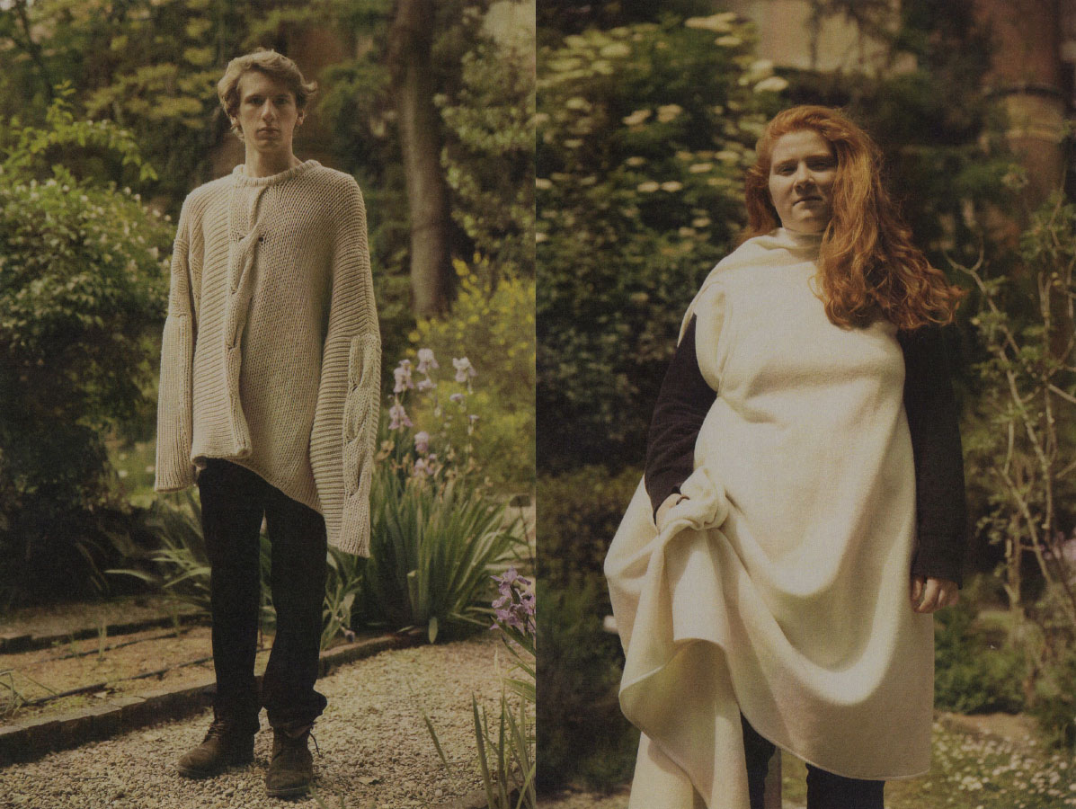 Tommaso wears sweater MIAO RAN pants COMME DES GARÇON . Anna wears NOBI TALAI