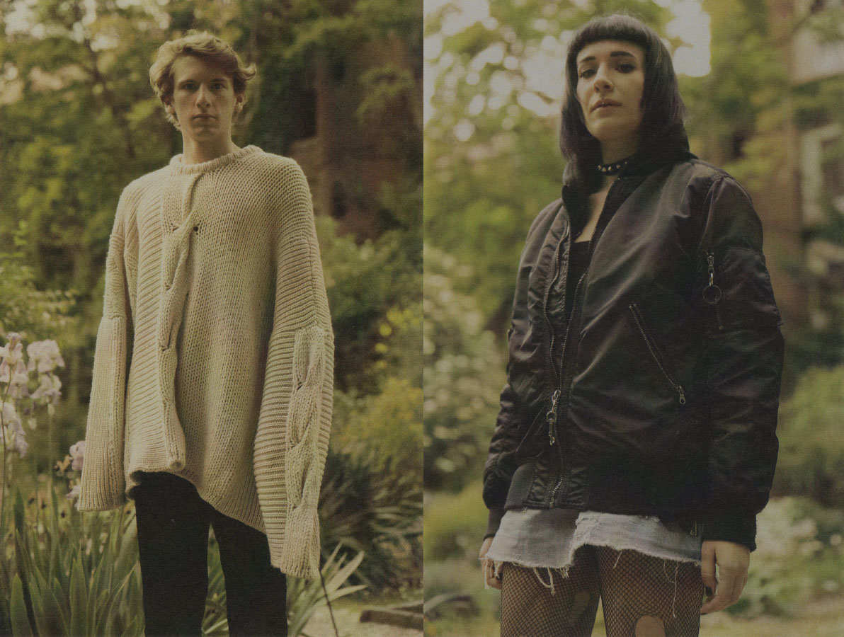 Tommaso wears sweater MIAO RAN pants COMME DES GARÇON . Maria Pia wears top, jacket and skirt MODEL'S OWN