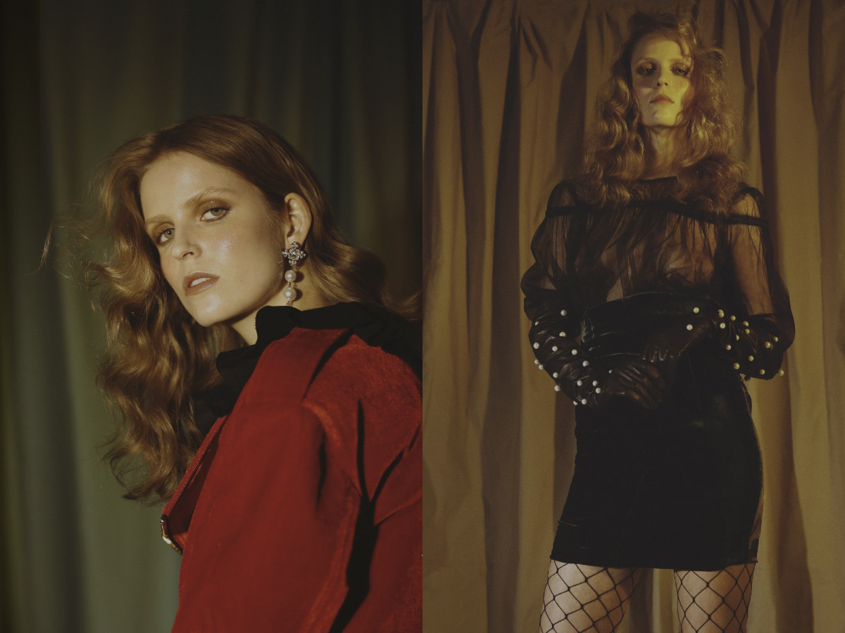 total look MARIANNA SENCHINA earrings ELLEN CONDE . shirt DOMENICO CIOFFI dress DANIEL WONG gloves and tights MARIANNA SENCHINA
