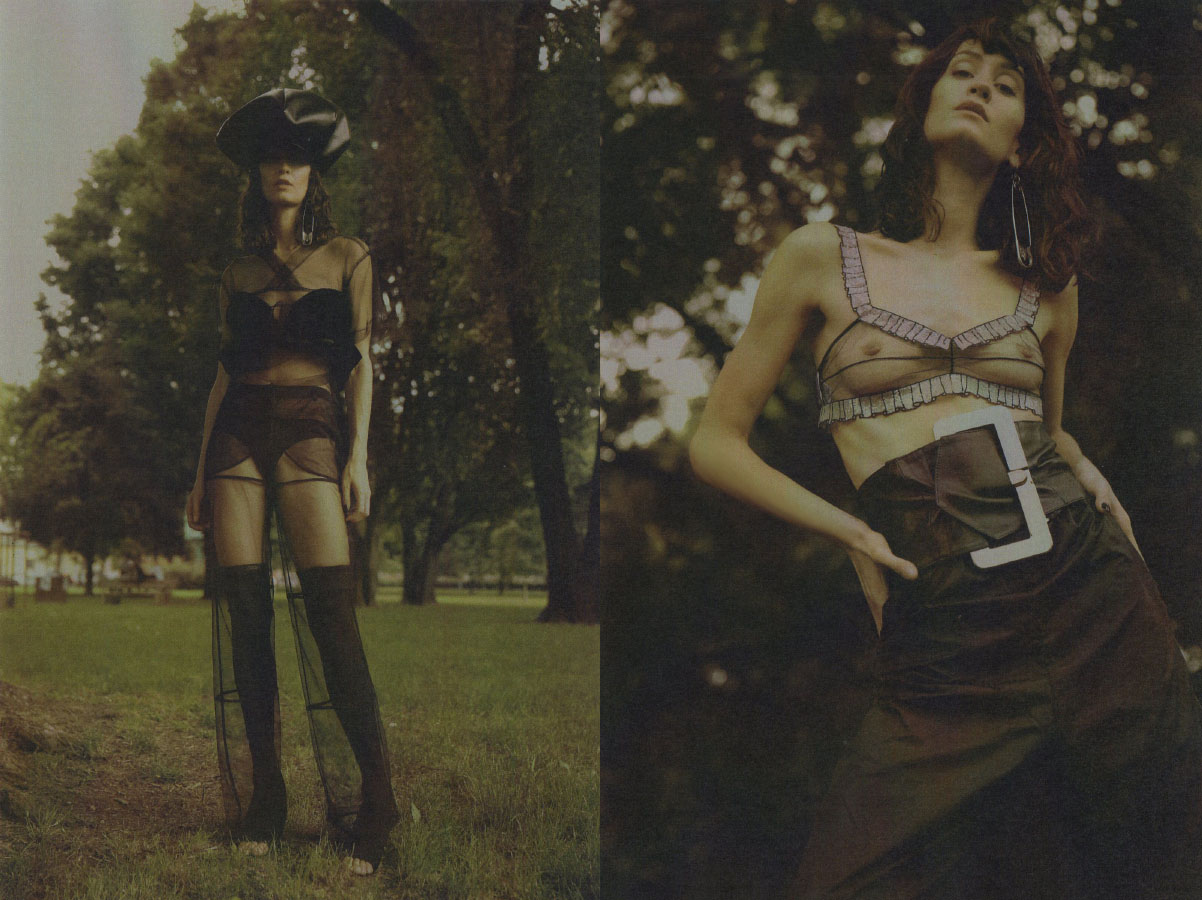 hat MAISON MARGIELA earring MARCO GRISOLIA suit and bra SALIH BALTA boots GIVENCHY . earring MARCO GRISOLIA bra GUCCI belt MOSCHINO pants GUNTAS shoes LOEWE