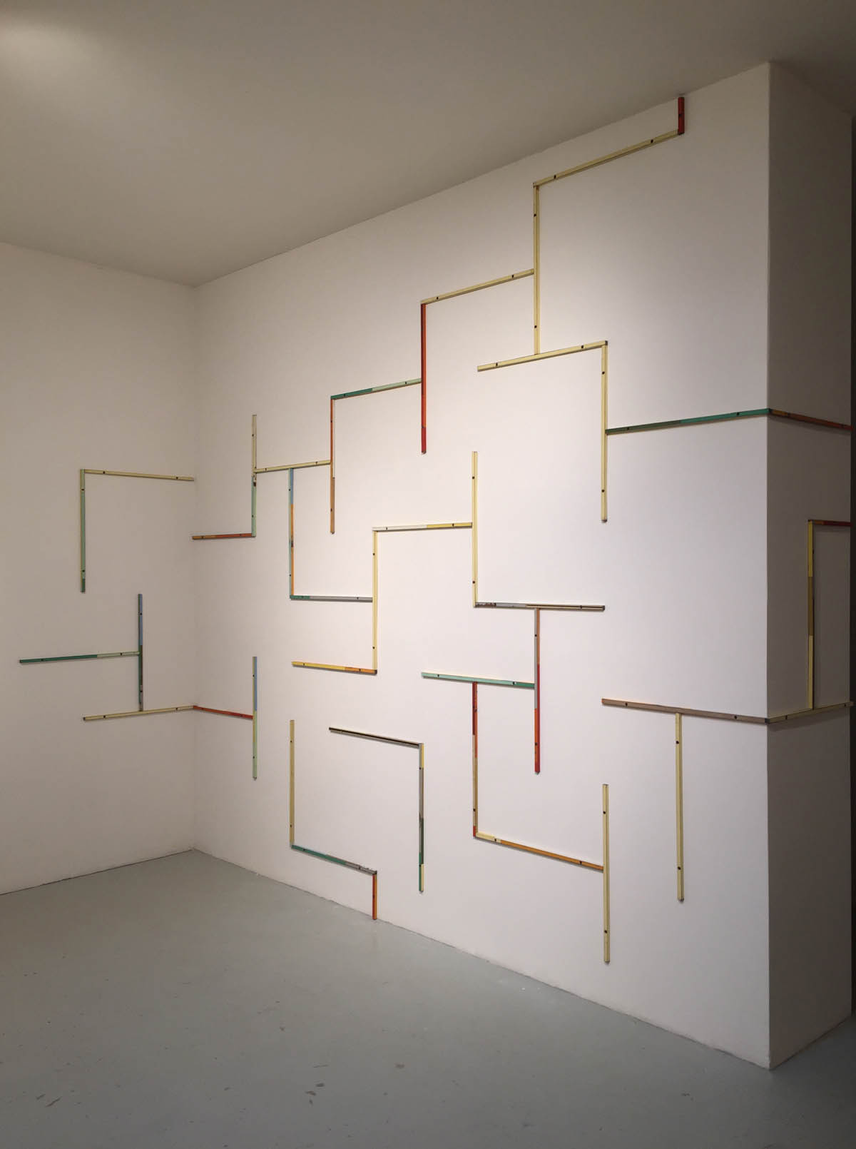 Work in Progress, As-Yet-To-Be-Titled, 2015-2016,Salvage Steel, Solid Steel Rod and Bolted Directly to Wall Whole Room Installation, dimensions variable. Exhibition schedule to date; Visual Arts Center of New Jersey, Summit, NJ, September, 2016 through January, 2017