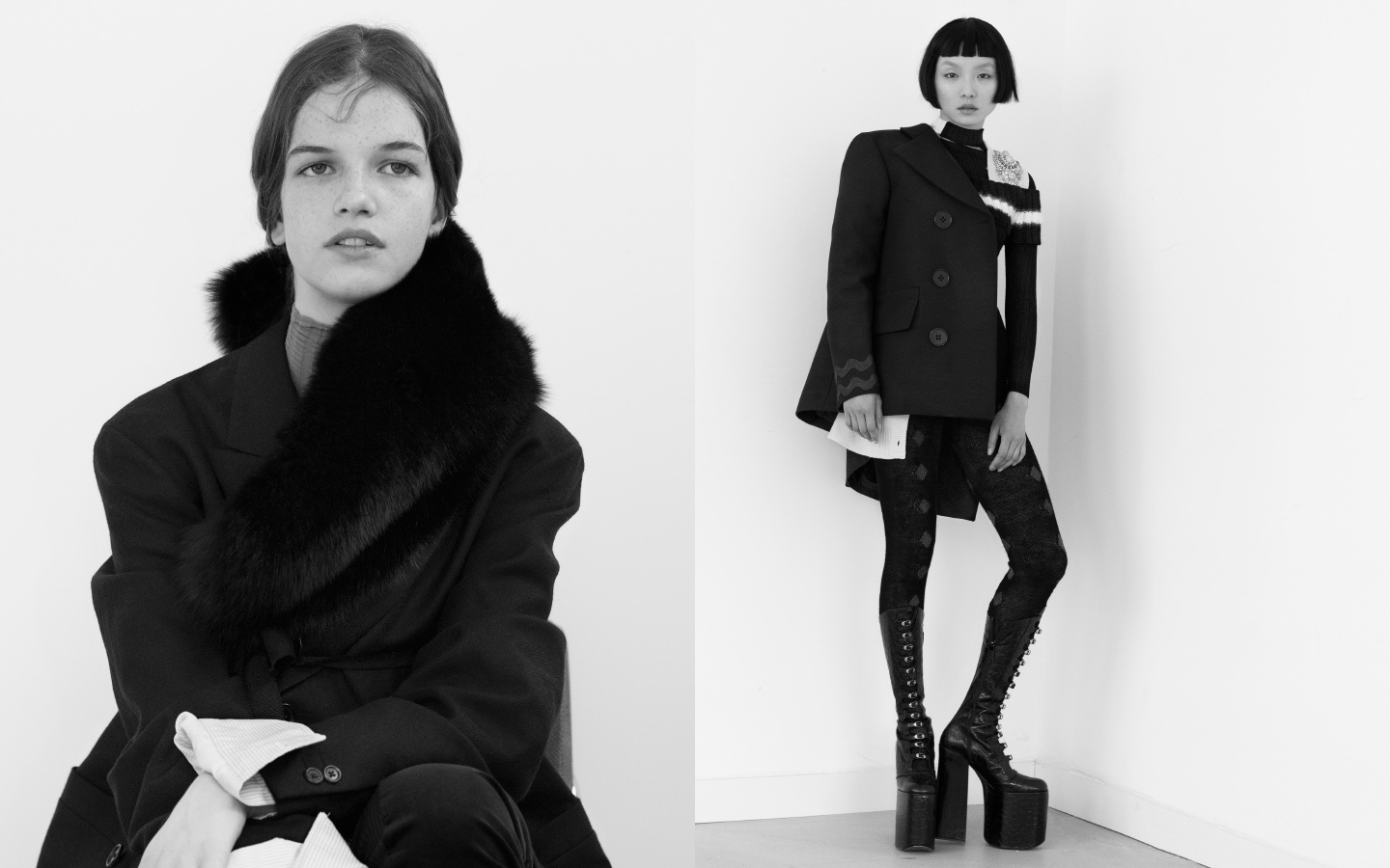 Angèle wears jacket MARGARET HOWELL scarf ELLERY turtleneck ACNE STUDIOS stocking SACAI cuffs VINTAGE . Moon Kyu wears jacket ACNE STUDIOS turtleneck NEITH NYER waistcoat MIU MIU top BLESS tights PRADA boots MARC JACOBS
