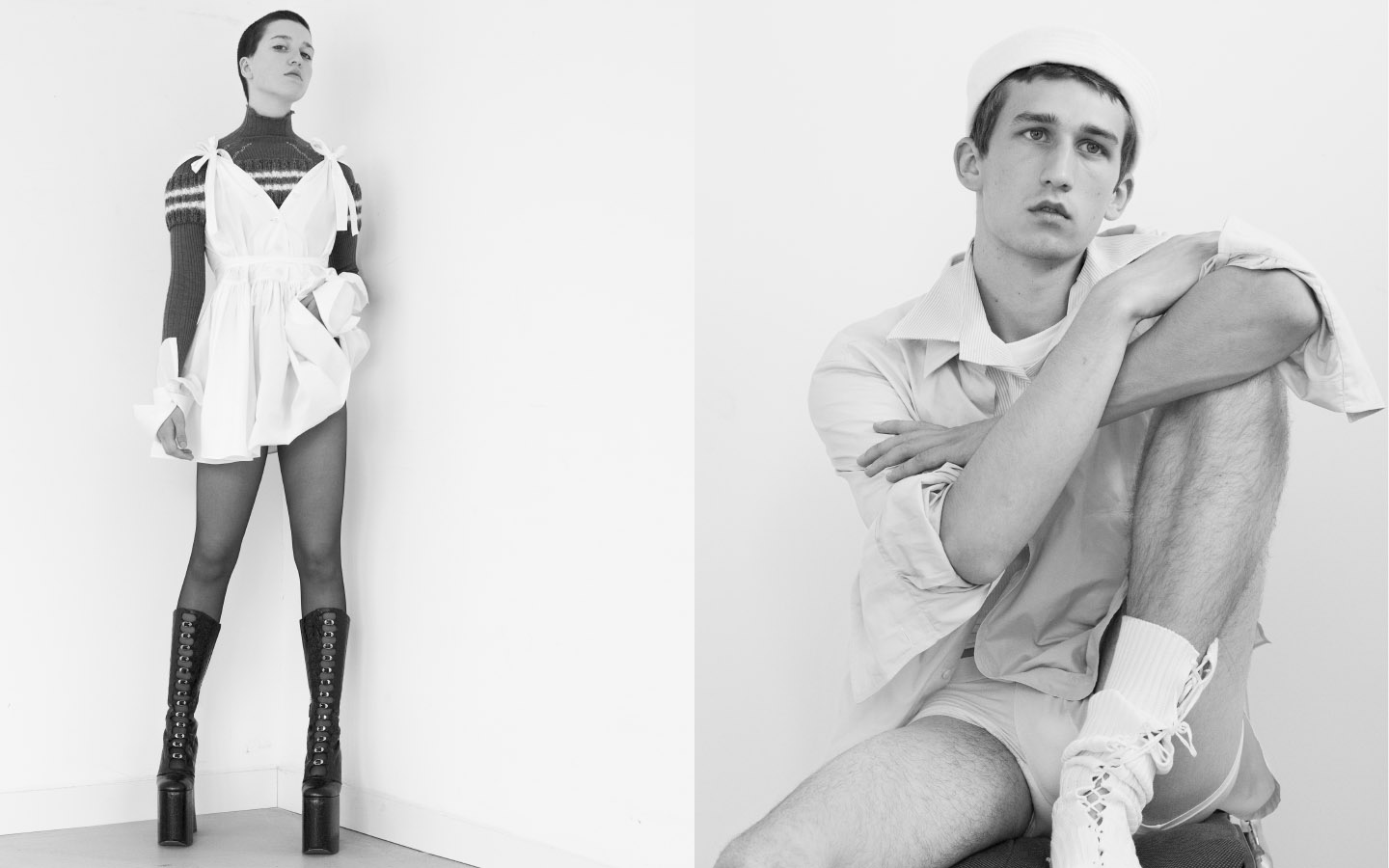 Romy wears dress MIU MIU turtleneck NEITH NYER top BLESS tights FALKE boots MARC JACOBS cuffs VINTAGE . Etienne wears shirts CHARVET underwear CALVIN KLEIN socks and hat PRADA