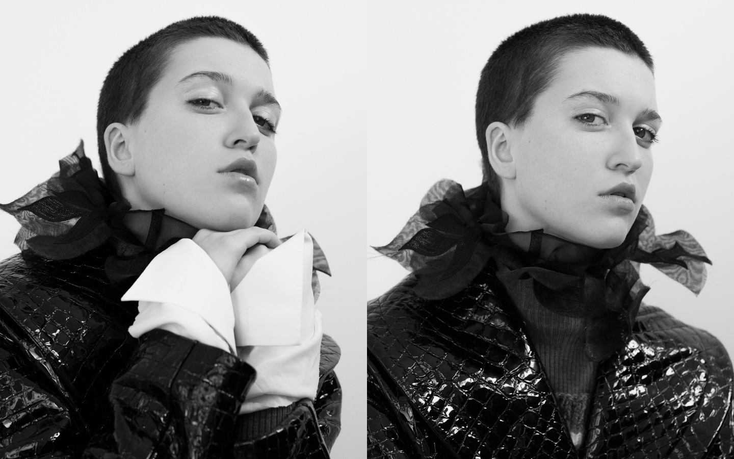 Romy wears coat AZZEDINE ALAÏA scarf SACAI turtleneck NEITH NYER top BLESS cuffs VINTAGE
