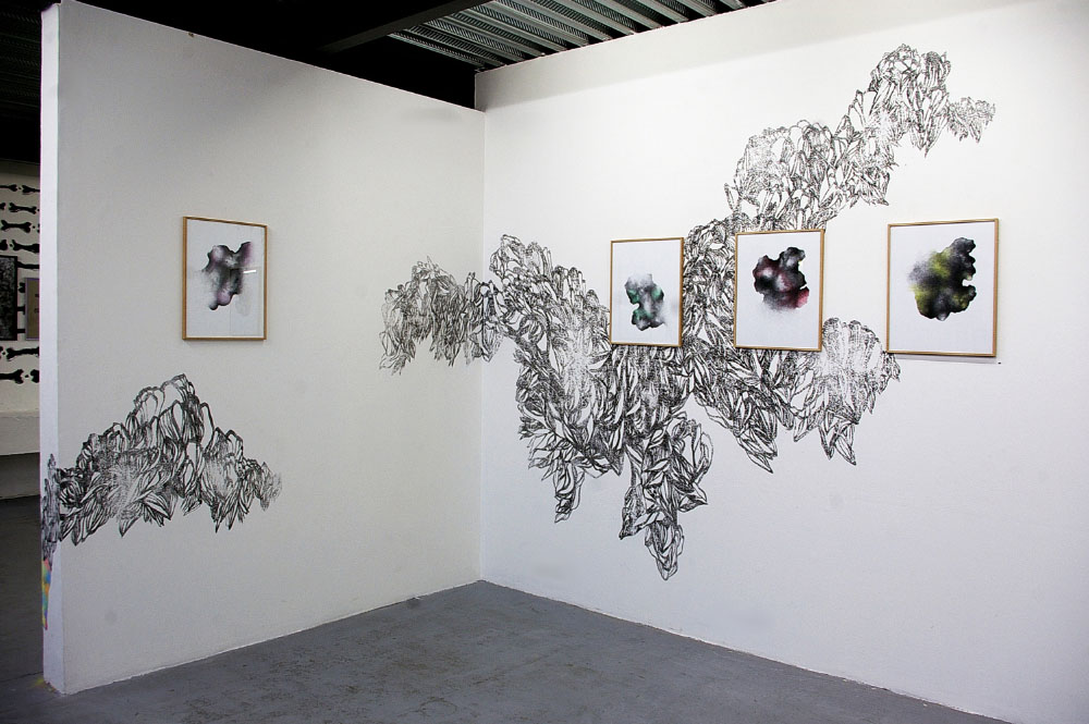 Les Hybrides, 2014-2016, drawing series ink on paper, colored pencil ,40x50 cm each. Wall Drawing sanded indian ink in-situ 2015 exhibition view, La Ligne Noire, Festival Graphéine, Lieu-Commun, Toulouse