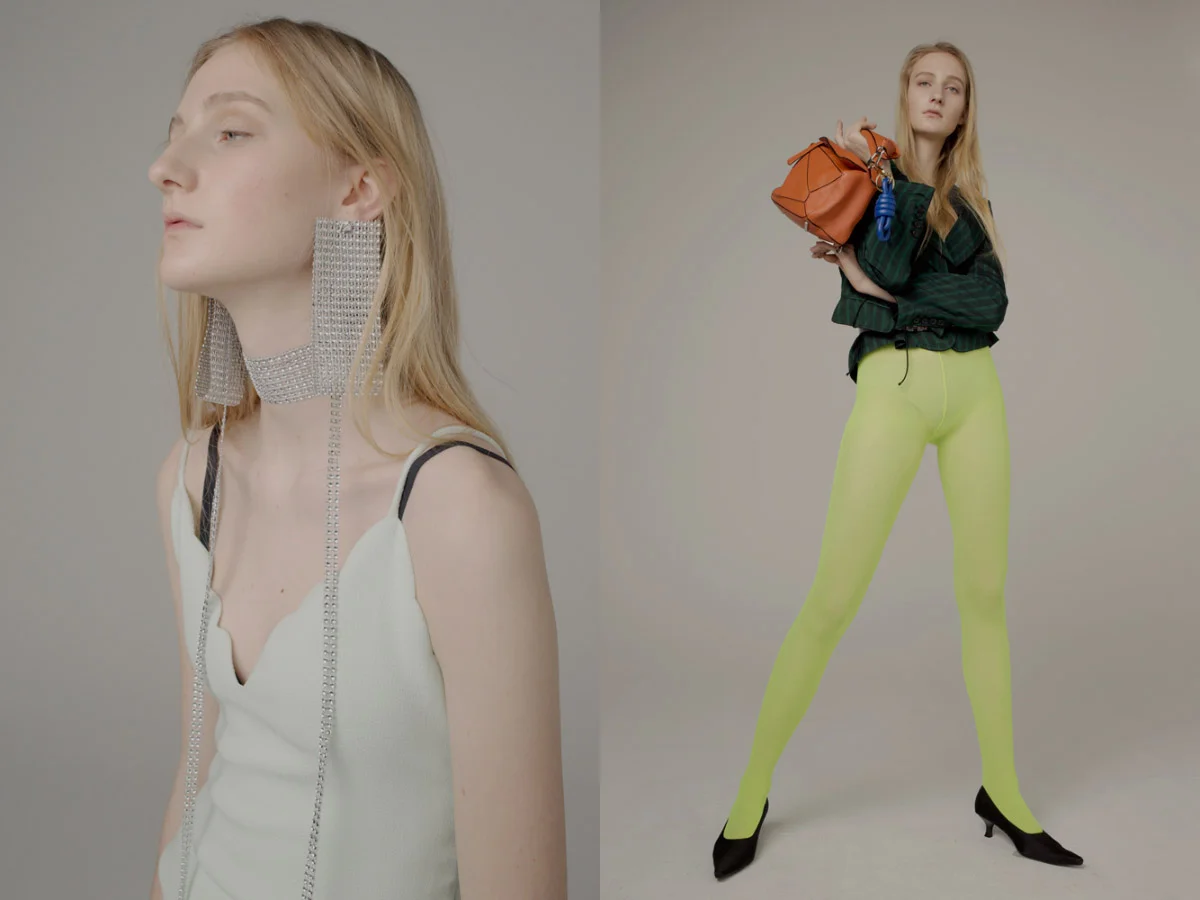 dress CARVEN jewellery STYLIST’S OWN bra MODEL’S OWN . jacket ANN DEMEULEMEESTER belt CARVEN bag LOEWE stockings and shoes STYLIST’S OWN