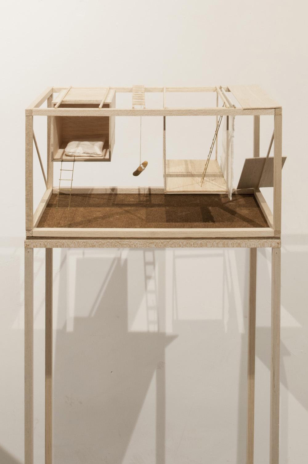 Maison 02, 2015, balsa, brass, print on balsa, stone, wire, cotton house 20 x 20 x 40 cm, pedestal 20 x 40 x 120 cm