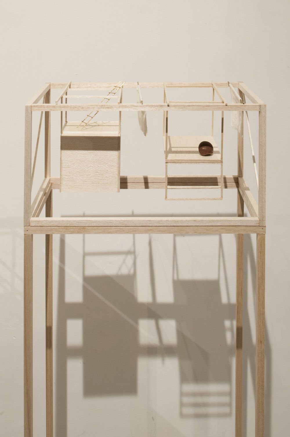 Maison 06, 2016, balsa, brass, stone, wire, cotton house 20 x 20 x 40 cm, pedestal 20 x 40 x 120 cm