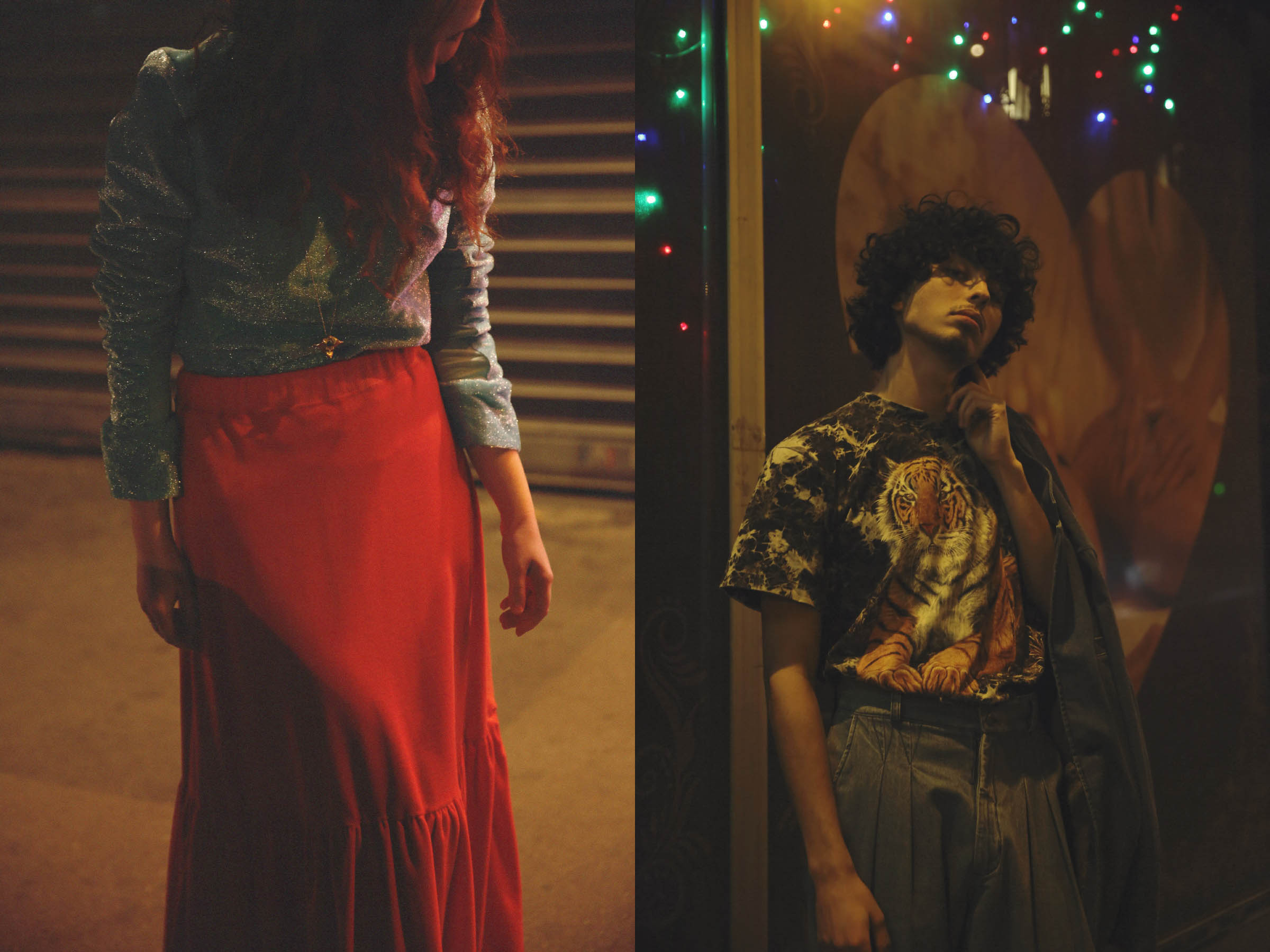 Ruby wears turtleneck and skirt TSUMORI CHISATO necklace EN ATTENDANT SERGE . Louis wears t-shirt STYLIST'S OWN pants and jacket 69 ring MODEL'S OWN
