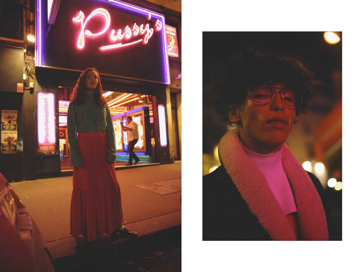 Ruby wears turtleneck and skirt TSUMORI CHISATO shoes LATHBRIDGE necklace EN ATTENDANT SERGE socks STYLIST'S OWN . Yannis wears septum ring VIBE HARSLOEF neck piece and pants TIGER OF SWEDEN jacket DROMe
