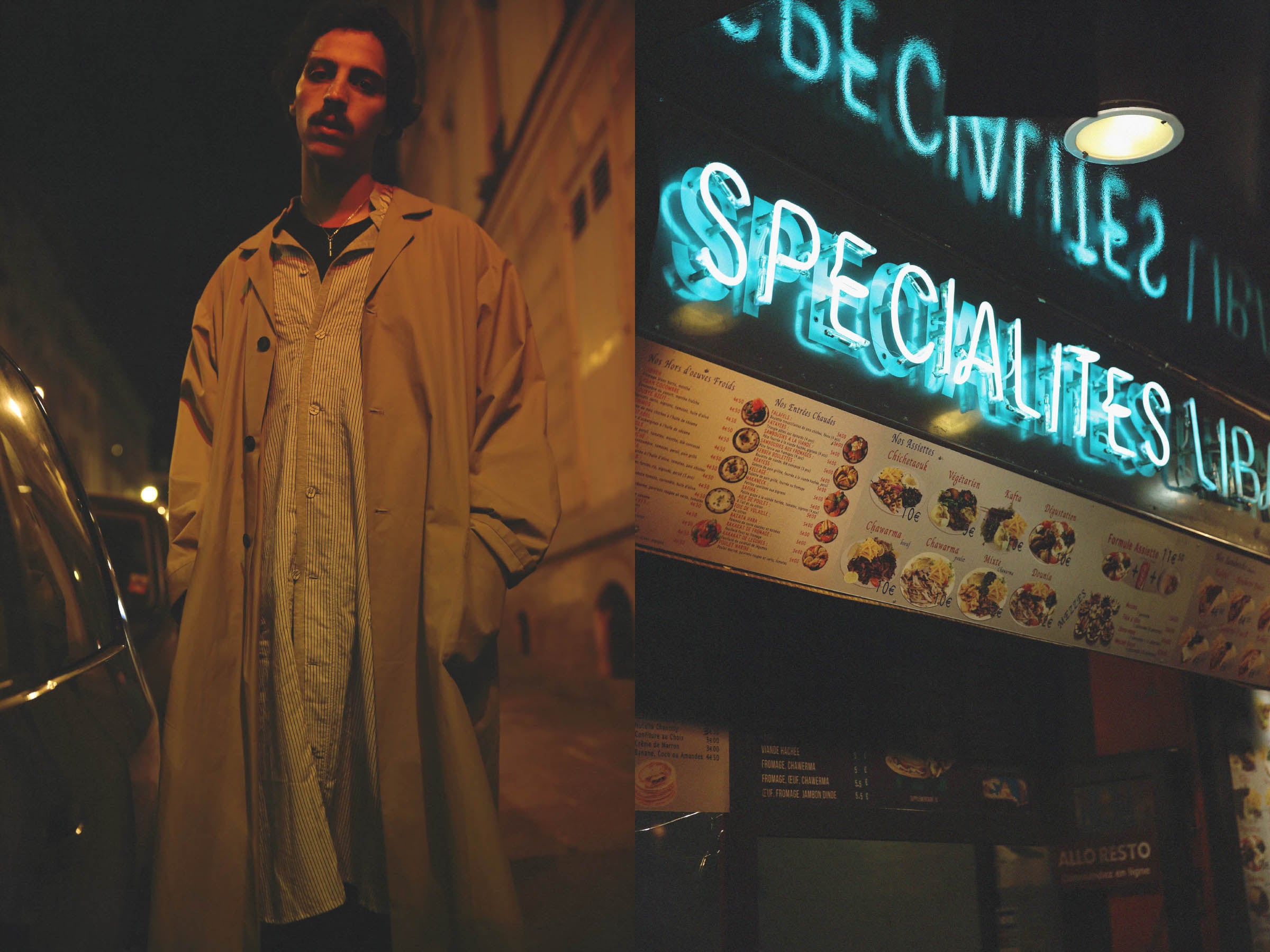 Nassim wears shirt ZUCCA coat HED MAYNER pants MODEL'S OWN