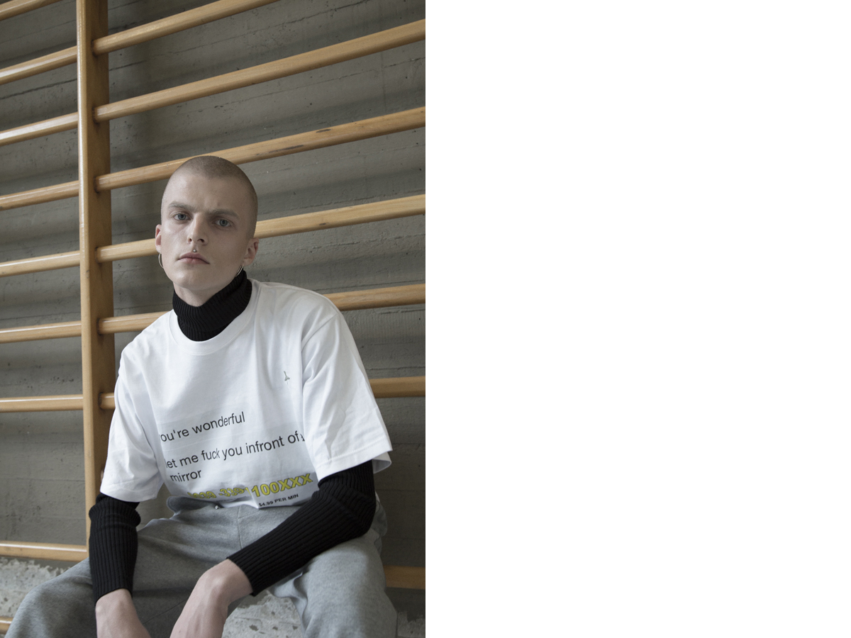 Nicola wears t-shirt NICOLA INDELICATO pants BALENCIAGA