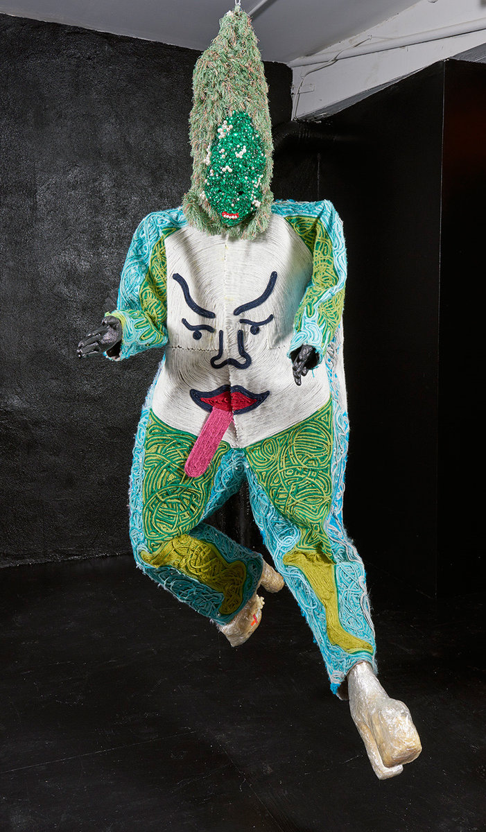 Day, 2016, fabric, thread, rhinestones, wood, chain, tape, 203.2 x 96.52 x 111.76 cm