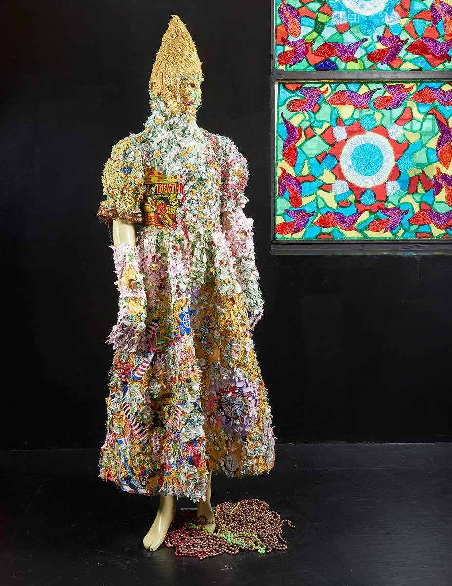 Somos Monstros / Erik (in collaboration with Erik Zajaceskowski), 2016, vintage millinery patches, fabric, mannequin, 198.12 x 68.58 x 35.56 cm