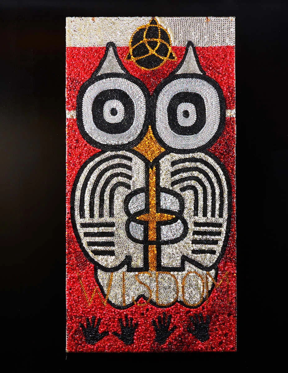 Wisdom, 2016, beads, paper, confetti, plywood, 243.84 x 121.92 cm