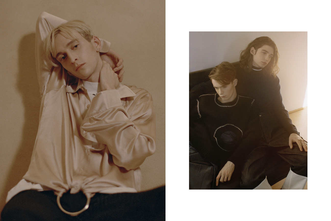 Lewis wears turtleneck OFF‐WHITE shirt MARTINE ROSE pants SAINT LAURENT . Harry wears top ACNE STUDIOS jumper CRAIG GREEN pants LOEWE . Johnny wears sweater PAUL SMITH pants LOEWE